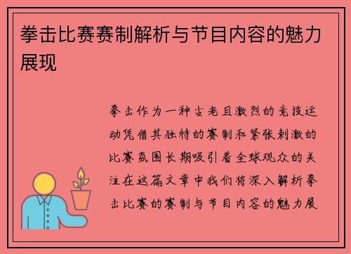 拳击比赛赛制解析与节目内容的魅力展现