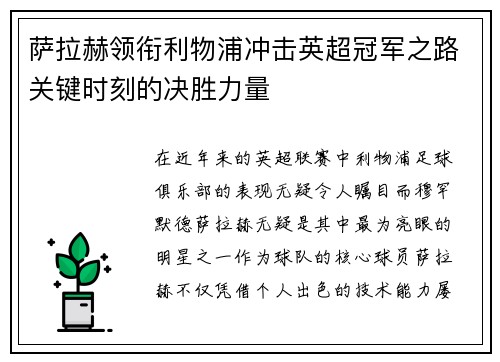 萨拉赫领衔利物浦冲击英超冠军之路关键时刻的决胜力量 萨拉赫领衔利物浦冲击英超冠军之路关键时刻的决胜力量